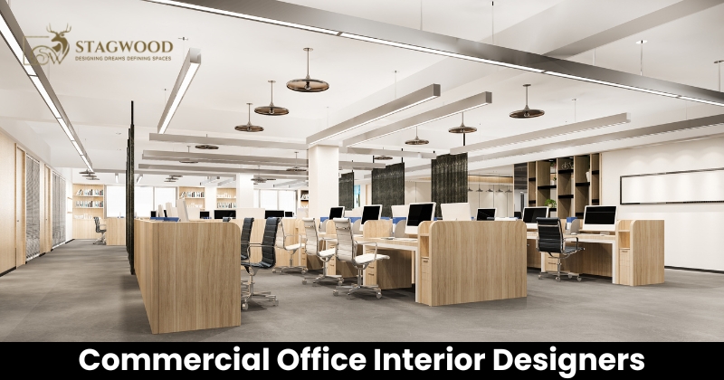 Modern commercial office interior designers workspace with open office layout, ergonomic furniture, contemporary lighting, and premium corporate interior design.