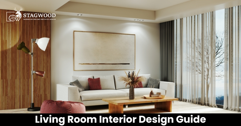 Modern living room interior design with beige sofa, wooden wall panels, natural lighting, elegant curtains, and minimalist decor ideas for contemporary homes.