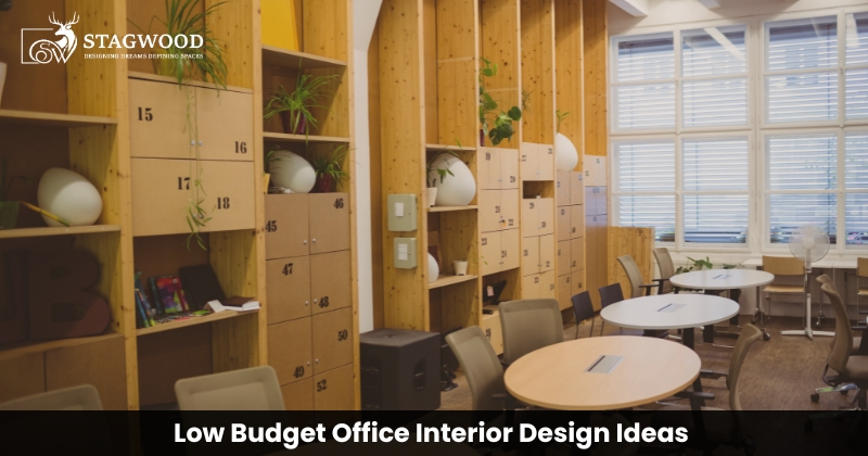 Low budget office interior design with modern workspace layout and smart storage solutions.
