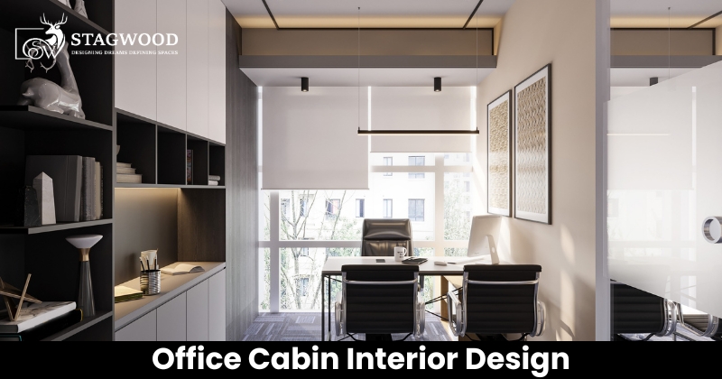 Modern office cabin interior design with minimalist workspace, custom storage cabinets, glass partition, and executive desk setup.