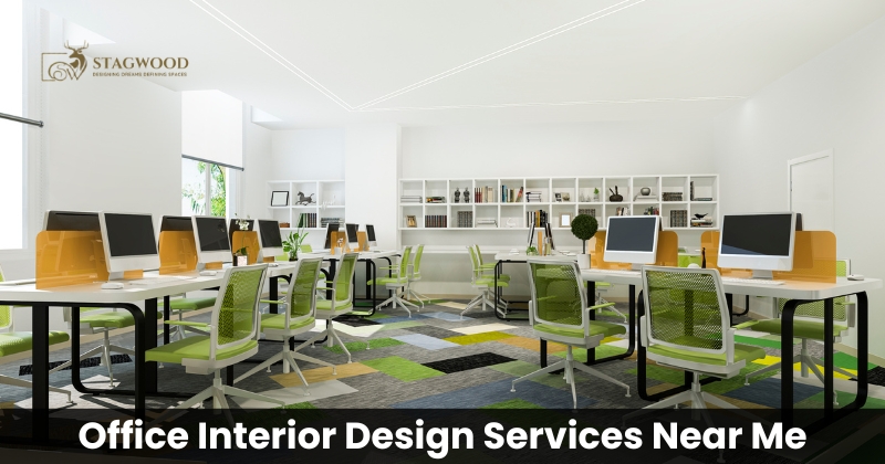 Modern office interior design services near me featuring collaborative workspace layout, ergonomic chairs, and contemporary office furniture.