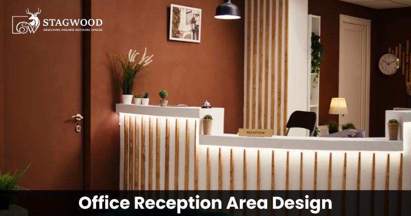 Modern office reception area design with wooden accents, minimalist reception desk, warm lighting, and elegant interior décor.