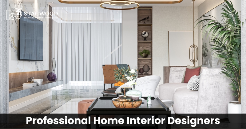 Professional home interior designers creating a modern living room with elegant furniture, marble accents, and luxury decor.