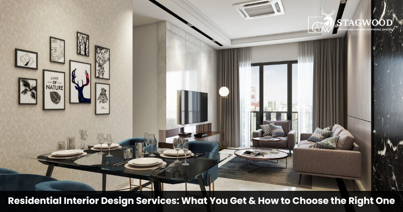 Modern apartment showcasing residential interior design services with elegant living and dining space styling