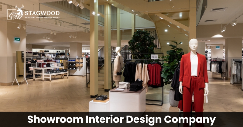 Modern showroom interior design company creating stylish retail space with premium lighting, product displays, and contemporary store layout.